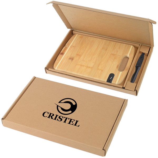 Bamboo cutting board with knife in a gift box, engravable