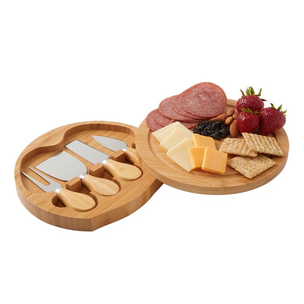 Swivel-top bamboo cheese board set with tools, engravable