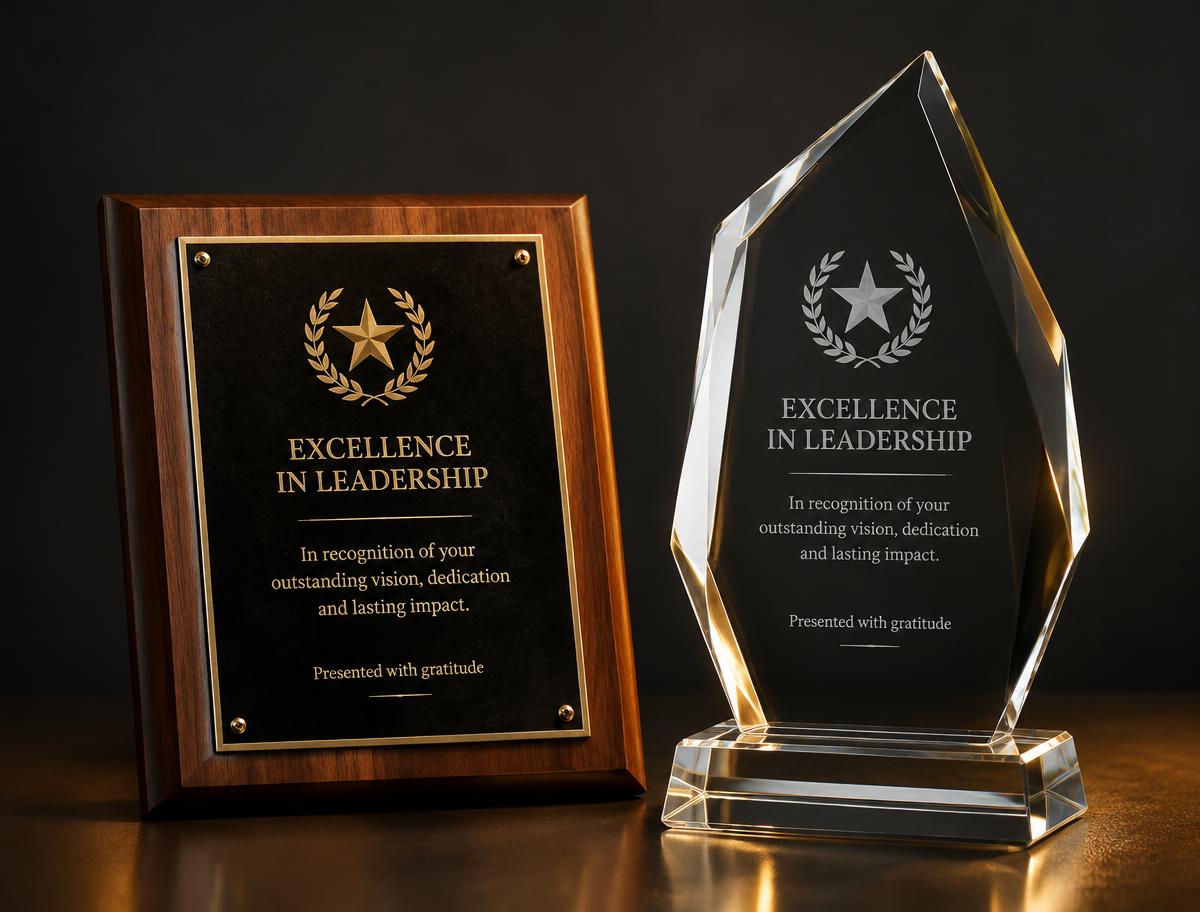 Illustrative concept: walnut plaque with a black engraved plate and a faceted clear award, both reading Excellence in Leadership