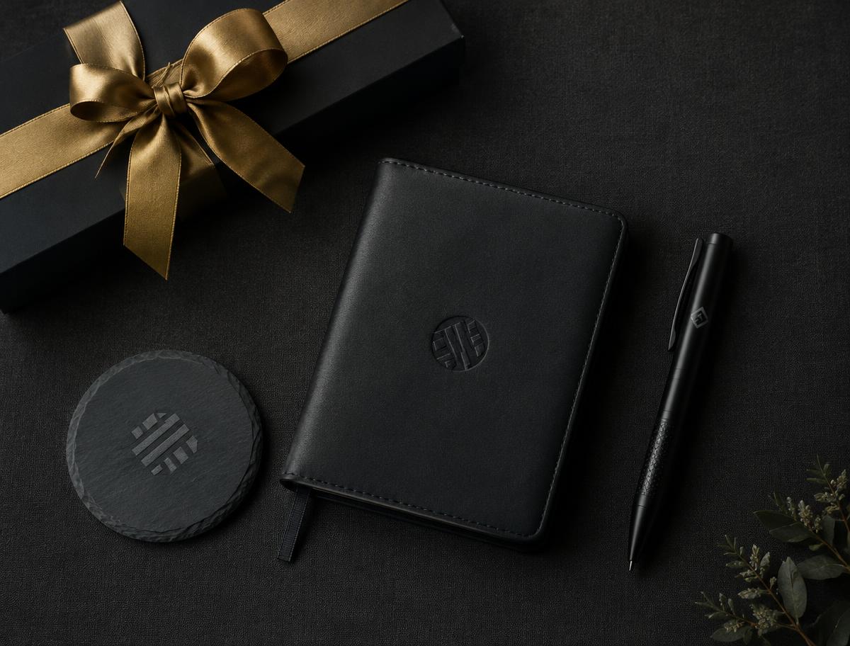 Illustrative concept: black leather journal, matte pen and slate coaster each marked with an abstract logo beside a gold-ribboned gift box