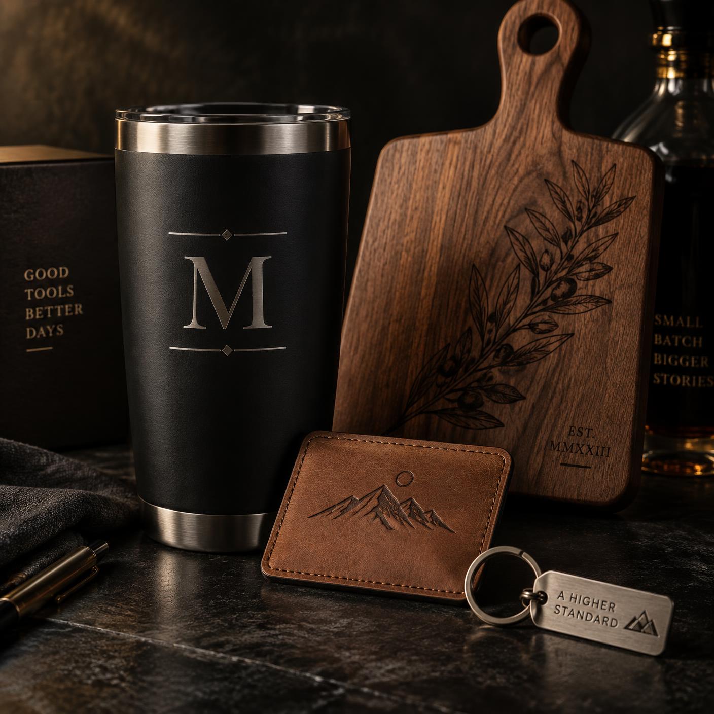Illustrative still life: matte black tumbler engraved with an M monogram, walnut board with olive branch engraving, leather patch with mountains and a metal keychain