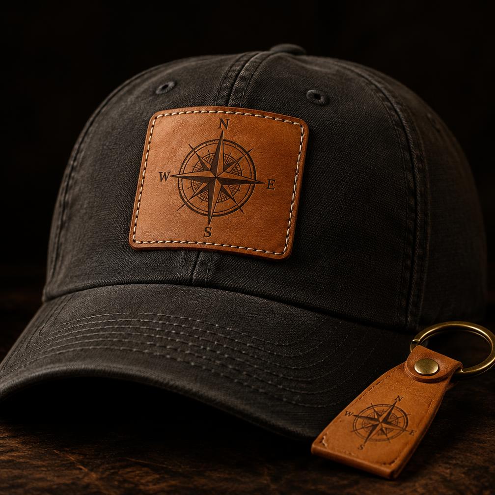 Illustrative concept: leather cap patch and keychain engraved with a compass rose