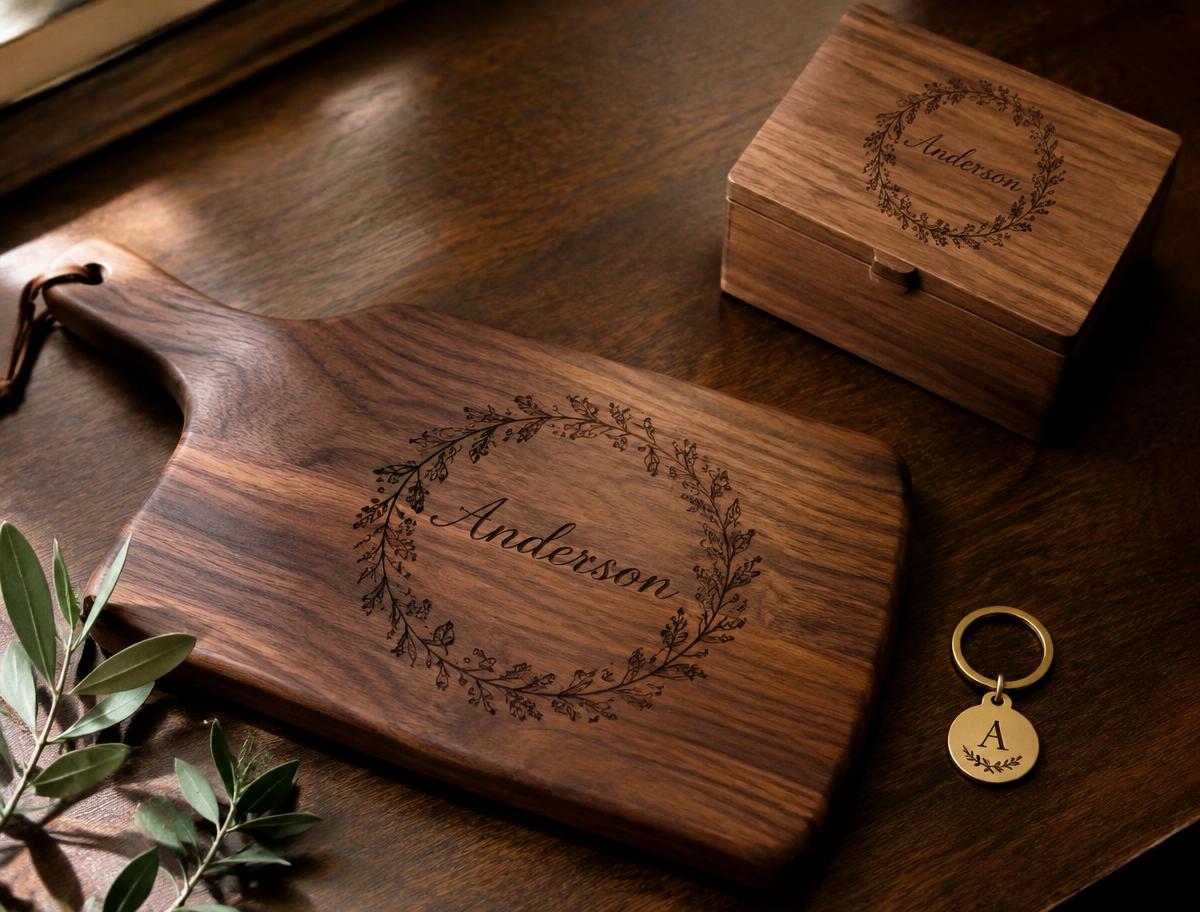Illustrative concept: walnut cutting board and keepsake box engraved with a wreath and the name Anderson, beside a brass initial keychain