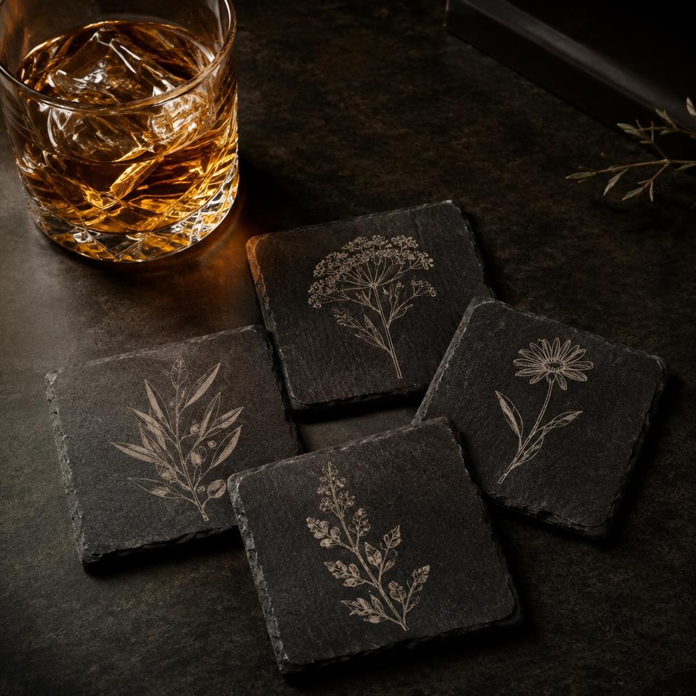 Design inspiration: four slate coasters engraved with different botanical drawings