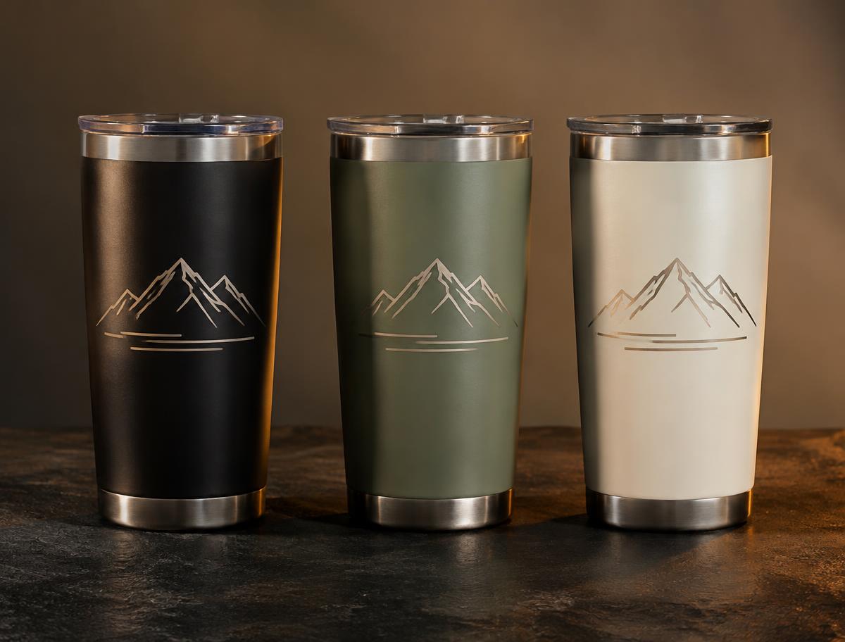 Illustrative concept: three powder-coated tumblers in black, sage and ivory, each engraved with a mountain line-art design